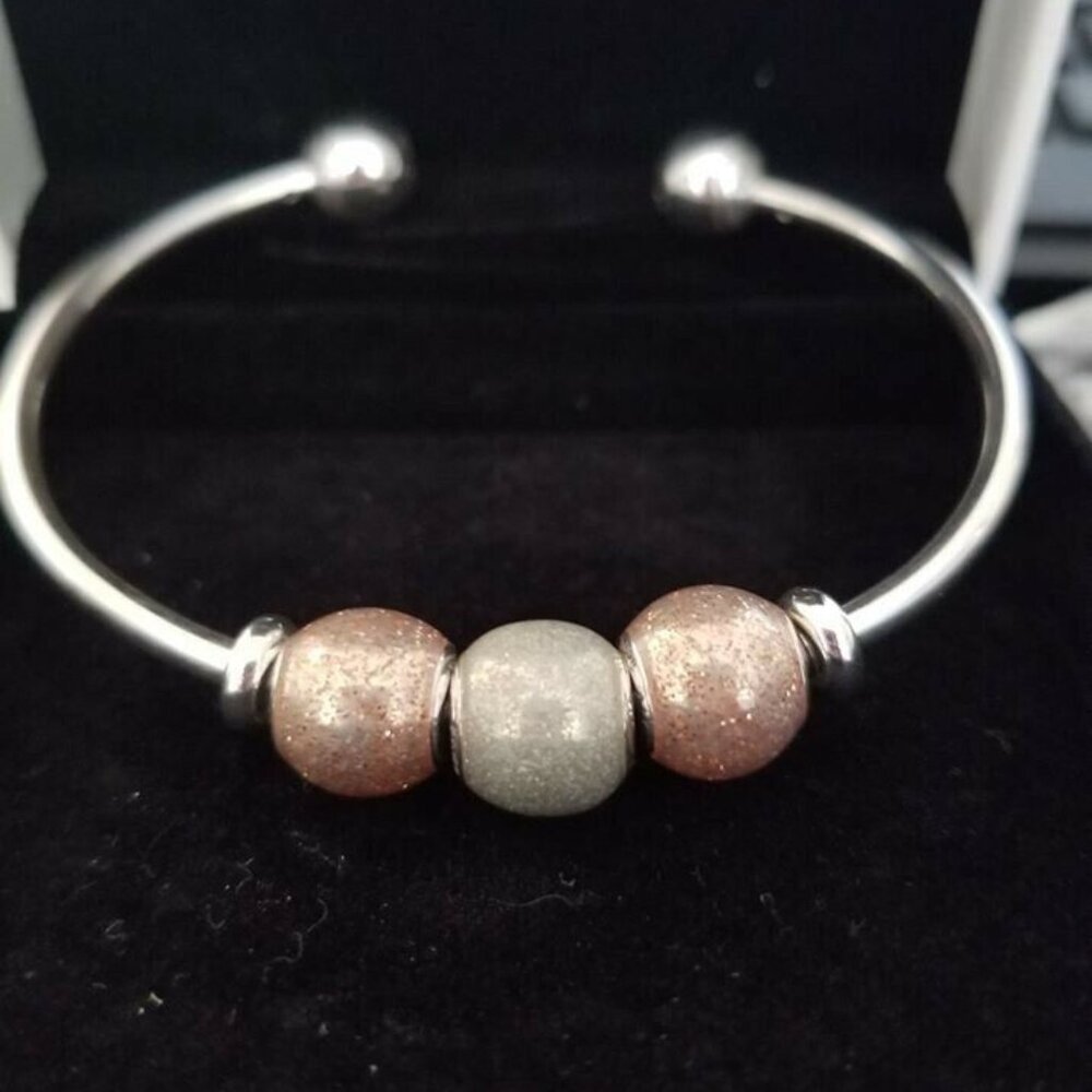 Authentic Pandora SS Glitter Ball Moments w/Open Bangle Bracelet Gift Set – 8.1